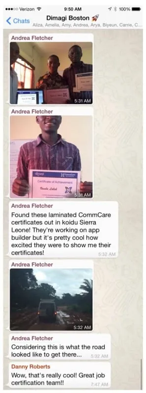 WhatsApp screenshot of Andrea Fletcher sharing photos of people in Sierra Leone holding laminated CommCare certificates