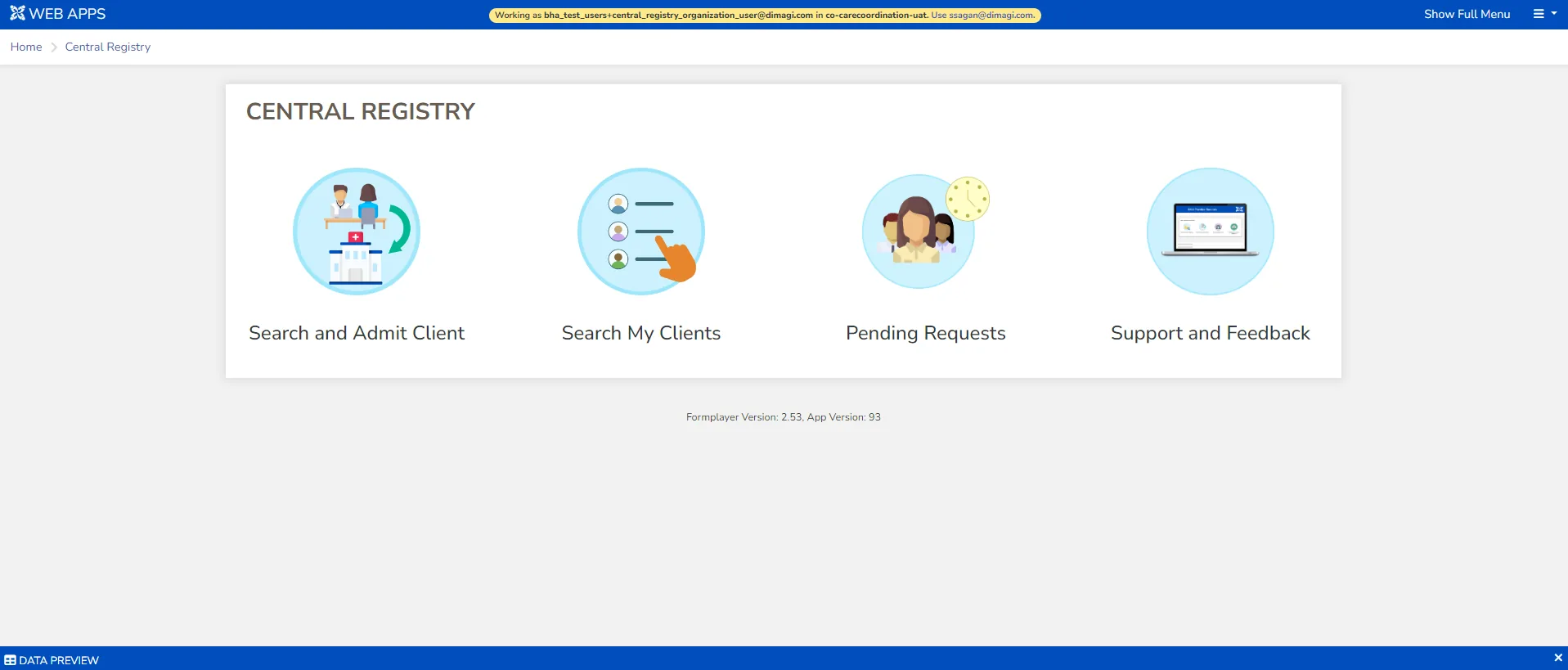 The CommCare-based Central Registry home screen showing Search and Admit Client, Search My Clients, Pending Requests, and Support and Feedback modules.