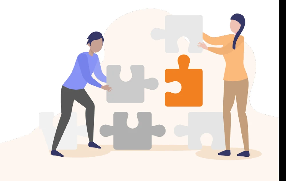 Illustration of two people fitting large puzzle pieces together, one piece highlighted in orange