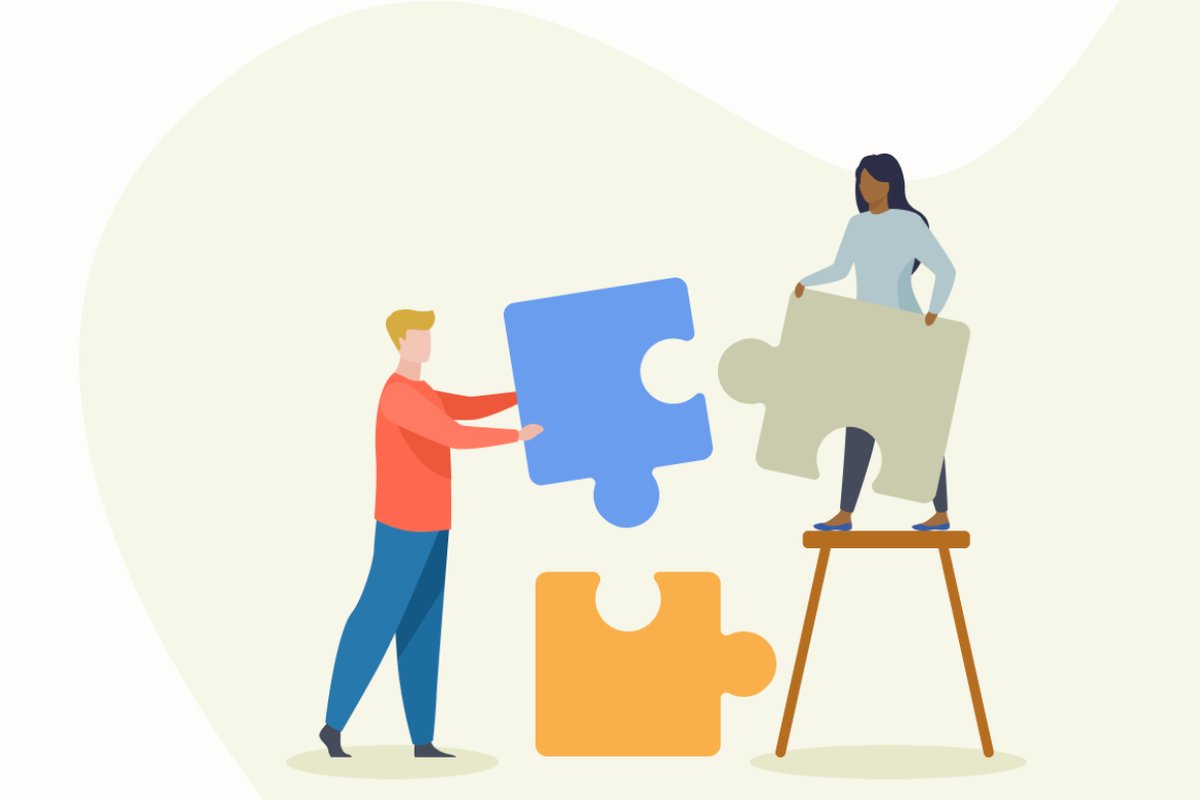 Illustration of two people assembling large puzzle pieces together