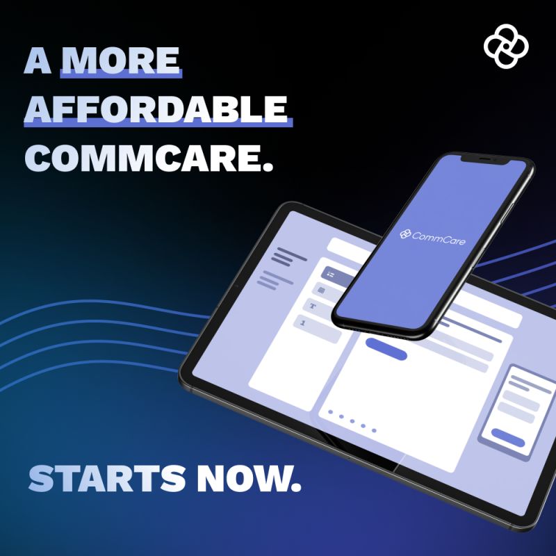 A more affordable CommCare starts now, shown on a tablet and phone.