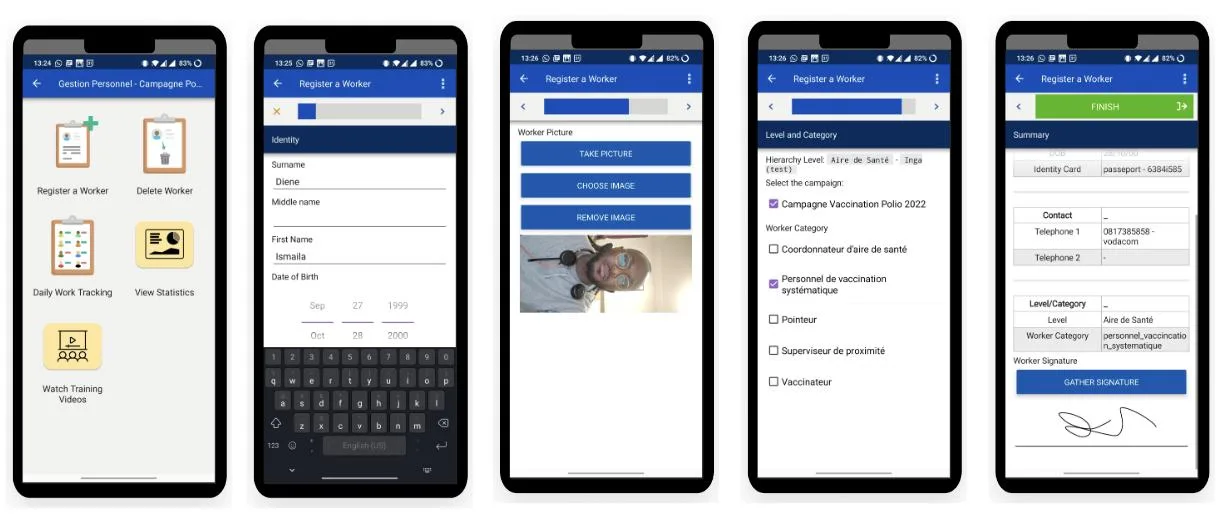 Five CommCare app screens showing the health worker enrollment flow, including registration, photo capture, role selection, and electronic signature