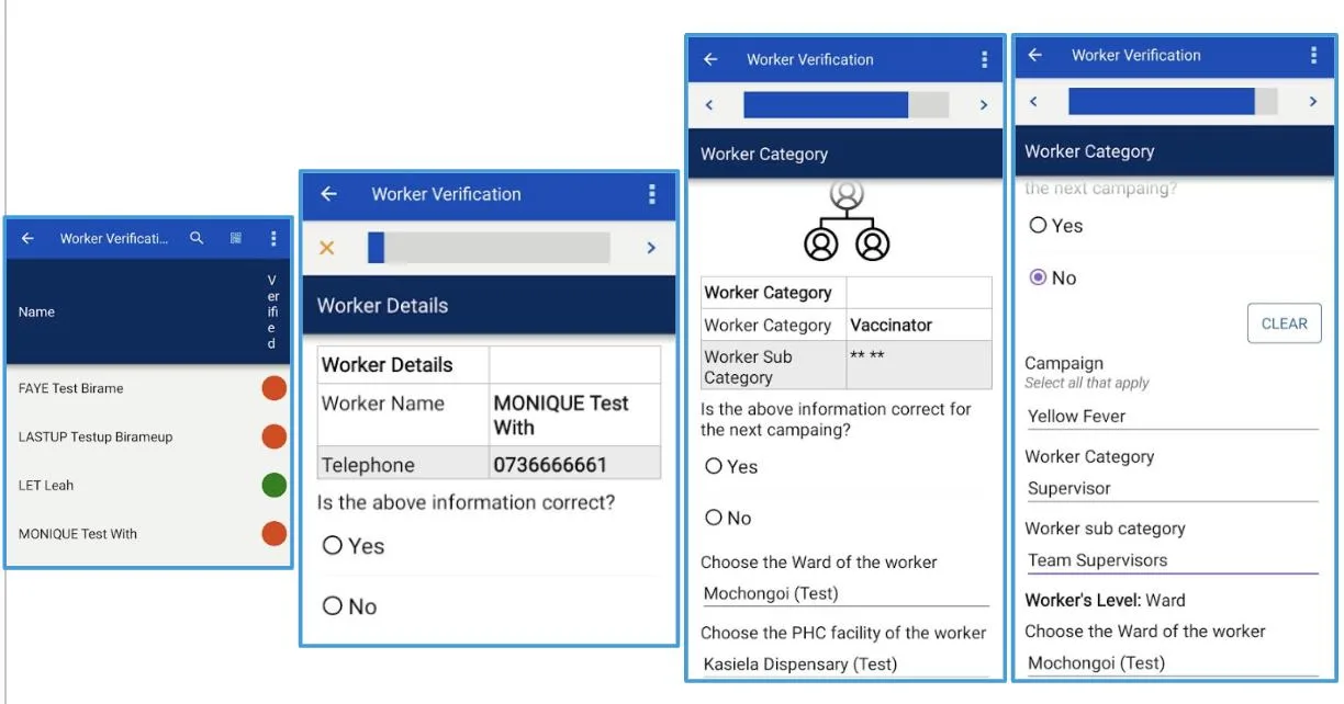 CommCare app screens showing worker verification, with worker details, worker category, and campaign confirmation questions