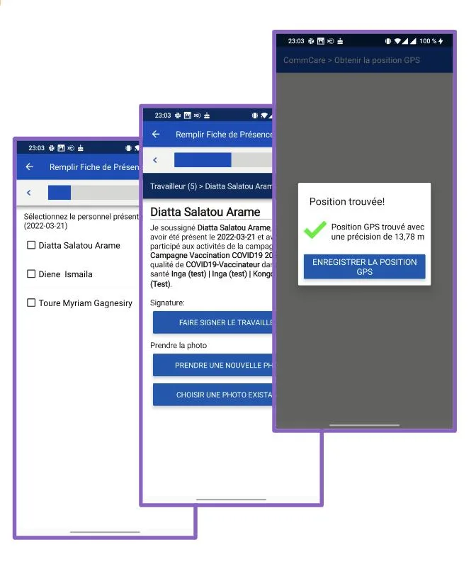 CommCare app screens showing the attendance module, with worker selection, a signed attendance record, and GPS position capture