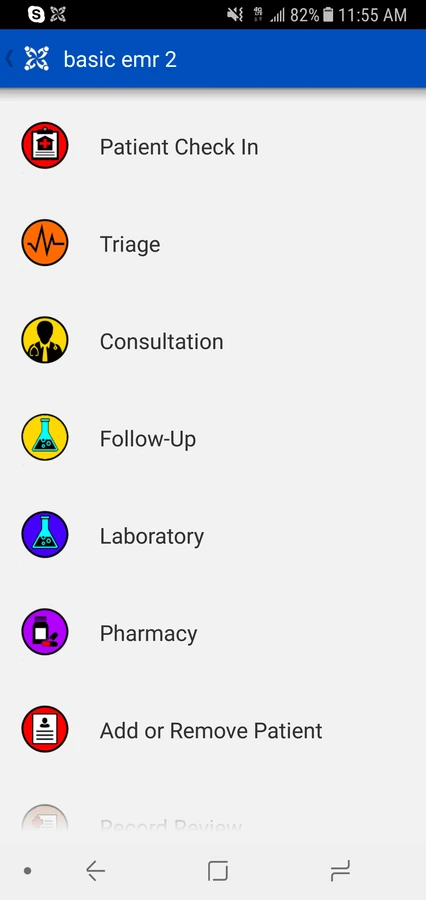 A CommCare app menu where each workflow, Patient Check In, Triage, Consultation, Follow-Up, Laboratory, and Pharmacy, carries its own color-coded icon