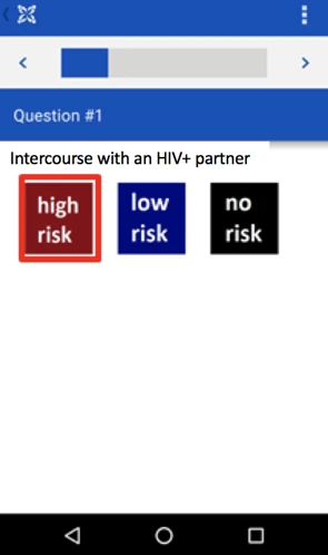 A CommCare question offering three colored image buttons labeled high risk, low risk, and no risk instead of plain text choices