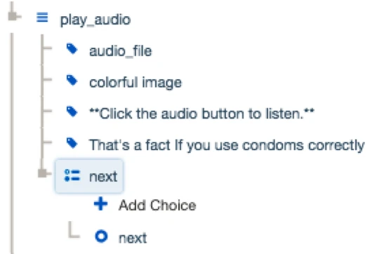 The CommCare form builder showing a question list that groups an audio file, a colorful image, formatted label text, and a next choice on a single screen