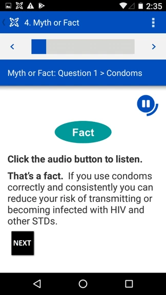 The resulting Myth or Fact screen in the CommCare app, combining an audio button, a Fact badge, formatted counseling text, and a large next button