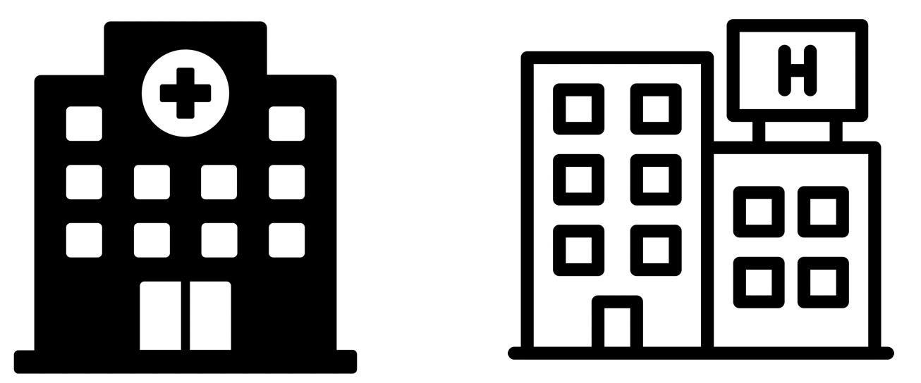 Two hospital icons side by side: a solid building marked with a cross in a circle, and an outlined building with an H on a rooftop sign.