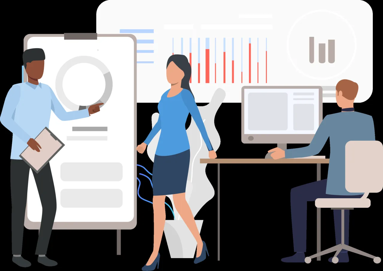 Illustration of three people reviewing charts and dashboards on a whiteboard, tablet, and computer screen