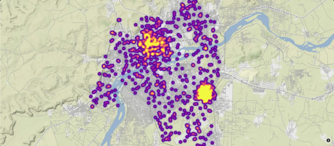 Heatmap visualization of suspected, tested, and confirmed disease cases clustered across a city map