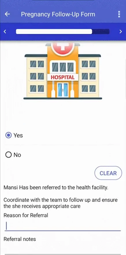 CommCare referral screen: a client has been referred to the health facility