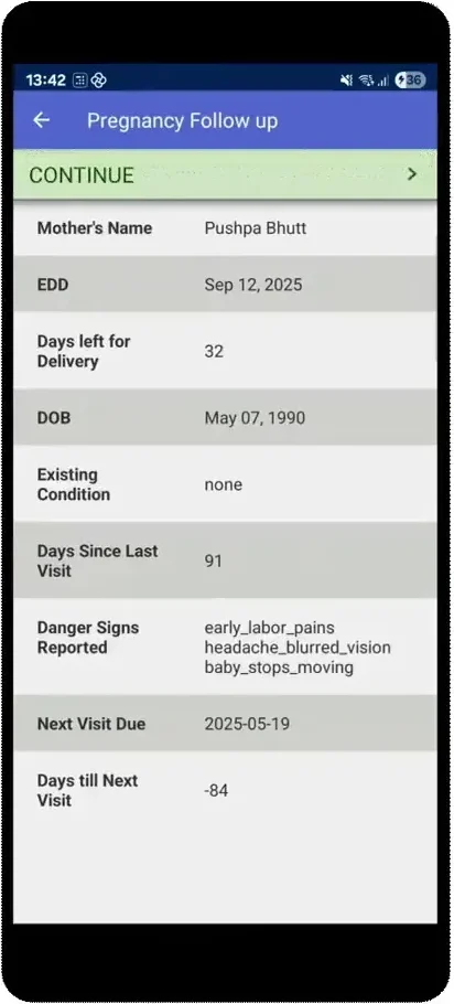 CommCare case detail screen showing one record's full history