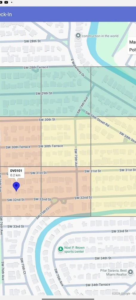 A CommCare case list shown as a map, with each client's location on administrative boundary overlays