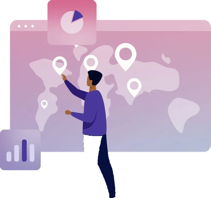 Illustration of a person collecting data on a world-map dashboard with charts and location pins