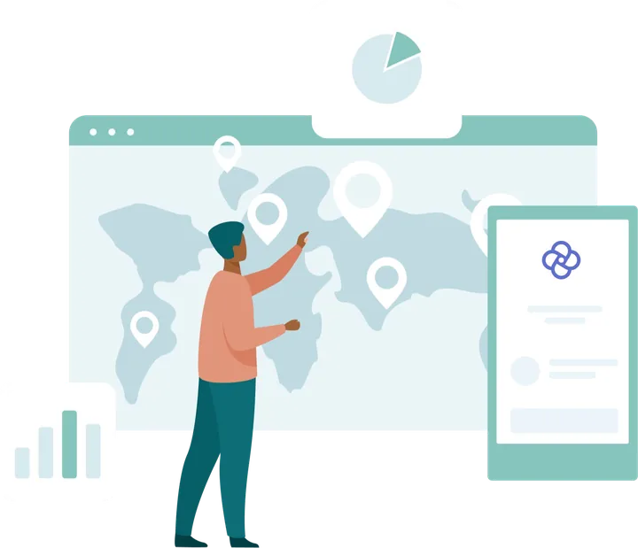 Illustration of a person reviewing a world map of program data