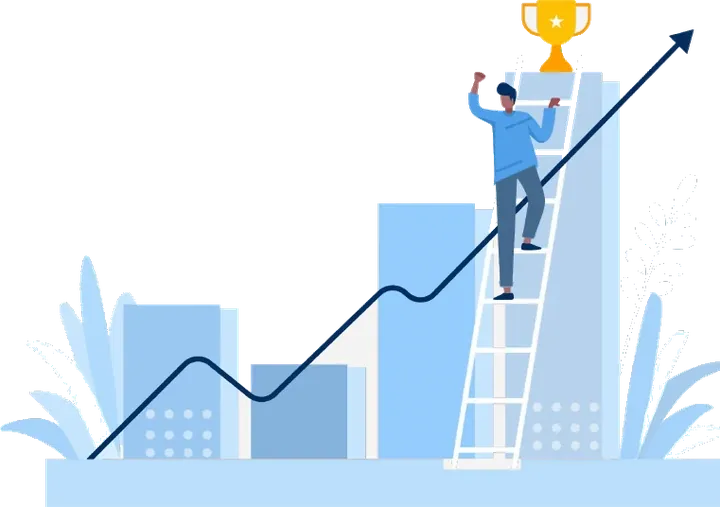 Illustration of a person climbing a ladder up a rising bar chart toward a trophy