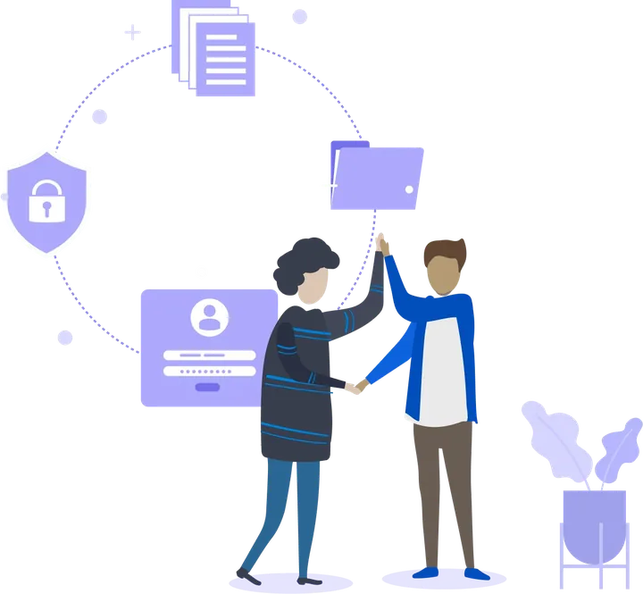 Illustration of two people shaking hands over secure shared systems