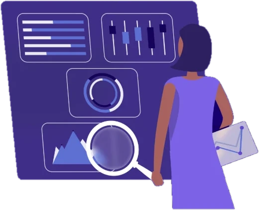 Illustration of a person reviewing a data dashboard with charts, sliders, and a magnifying glass