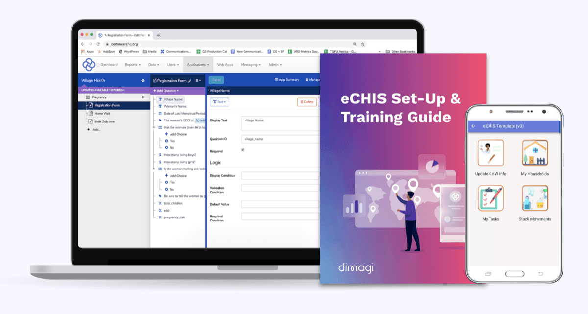 The CommCare eCHIS: the no-code app builder on a laptop, the set-up and training guide, and the community health worker app on a phone