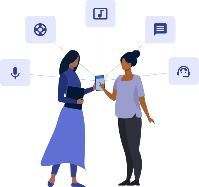 A community health worker's phone connected to the messaging, voice, support, and information services around it