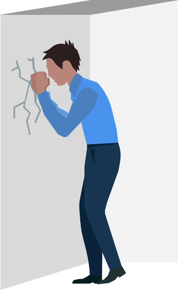 A person leaning against a cracked wall, stuck with their current tool