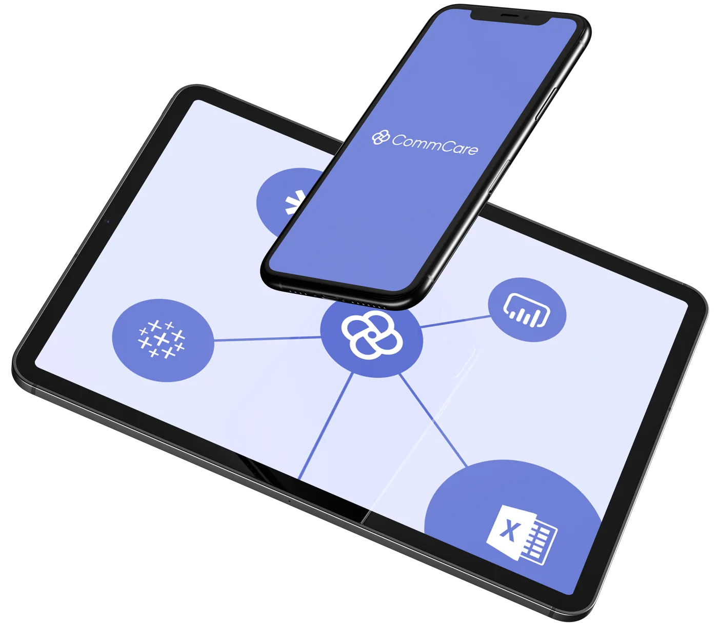 CommCare running on a phone and tablet, connected to its data integrations