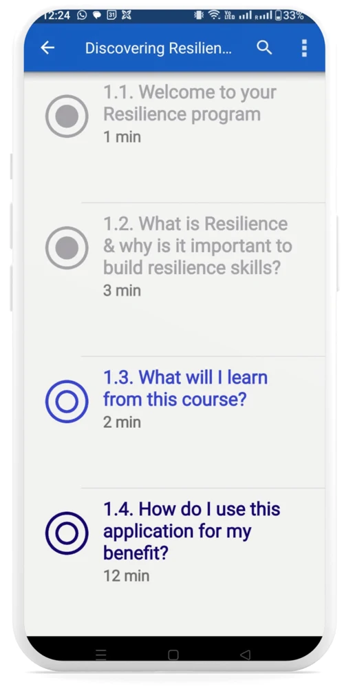 WellMe lesson list for the Discovering Resilience course