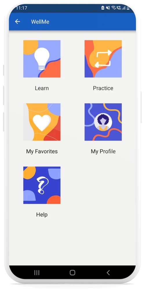 WellMe main menu with Learn, Practice, My Favorites, My Profile, and Help