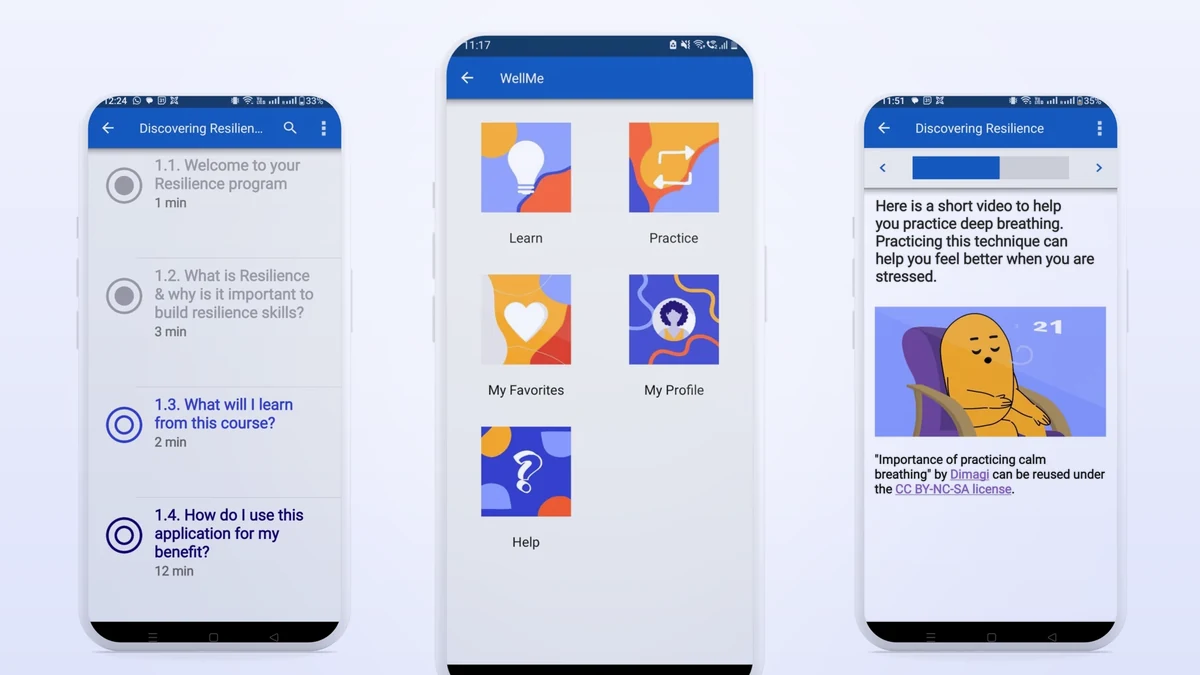 Three phones running the WellMe app: a course lesson list, the main menu with Learn, Practice, My Favorites, My Profile and Help, and a deep breathing practice activity