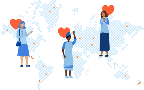 Illustrated world map with Frontline Workers in the countries where WellMe is deployed