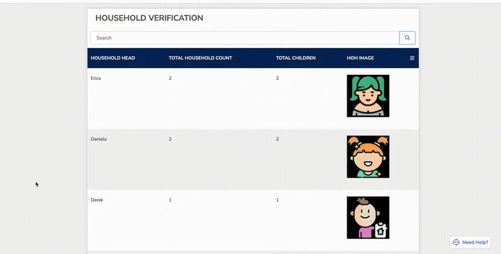 The CommCare web app in a browser, showing a Household Verification list