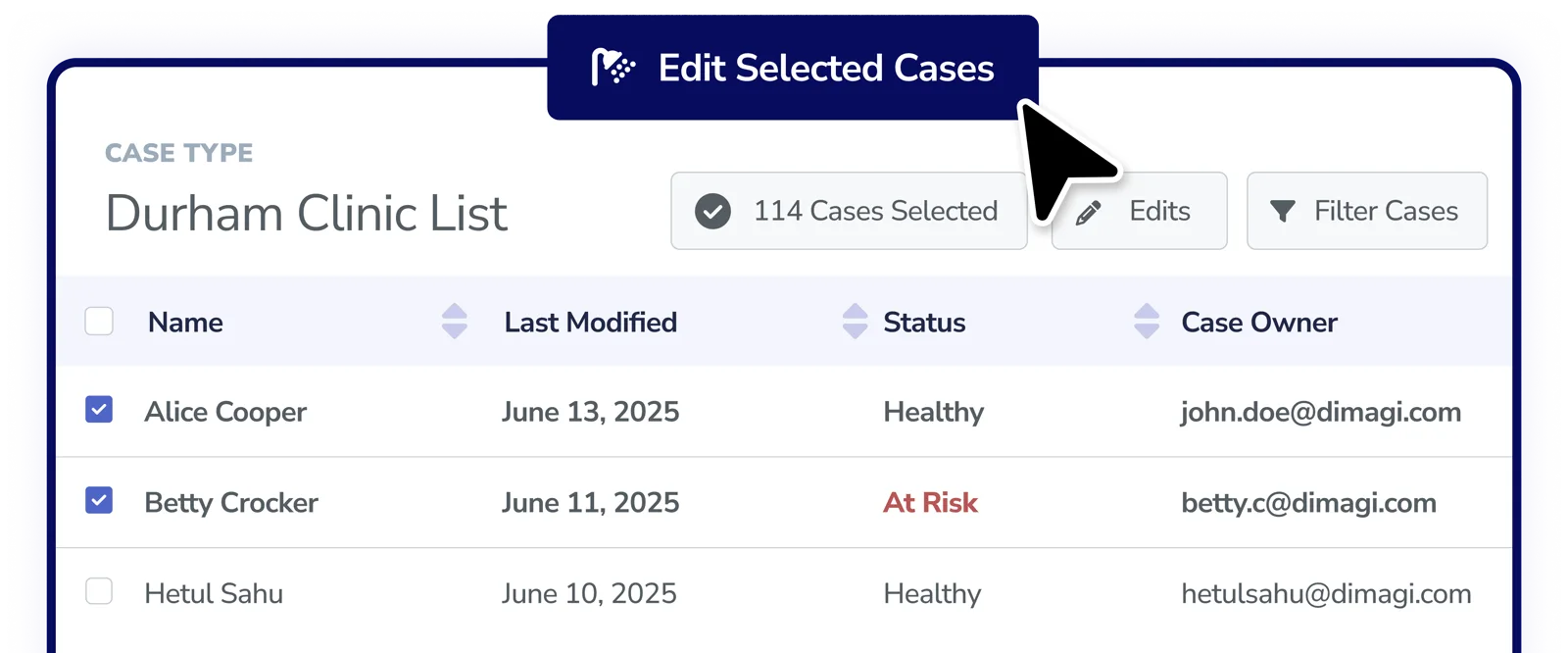 A CommCare data table with bulk editing and deduplication: rows with checkboxes, inline edits shown as red removals and green additions, and filter, column, and edit controls