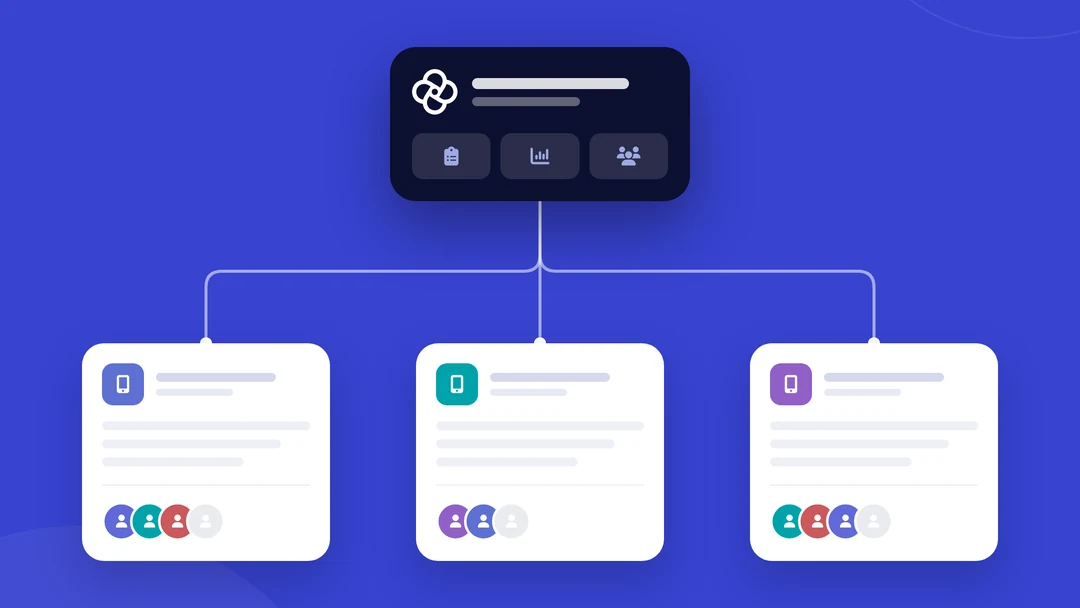 Diagram of one master CommCare app, released from a central headquarters, branching out to three regional team apps that each have their own field users