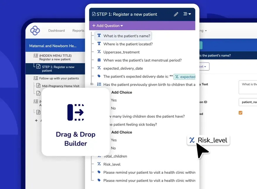 CommCare no-code app builder: a Maternal and Newborn Health form being assembled with drag-and-drop questions