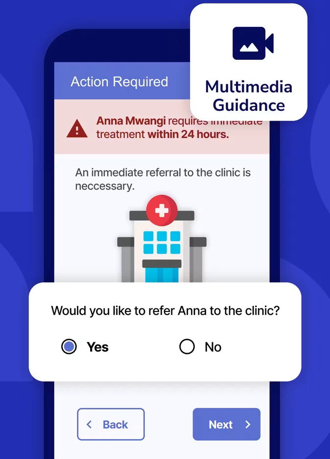 CommCare offline job aid on a phone guiding a frontline worker through an urgent referral decision for Anna Mwangi