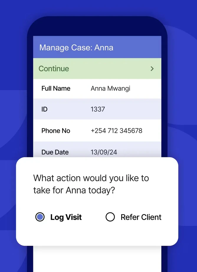 CommCare case management on a phone showing the case for Anna Mwangi with options to log a visit or refer the client